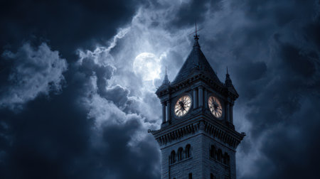 A clock tower looms against a dark sky illuminated by a full moon, casting a mysterious glow over the scene.の素材