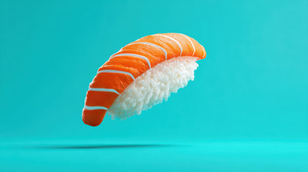 A vibrant salmon sushi piece hovers above a turquoise background, showcasing its texture and colors.の素材