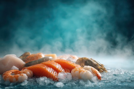 A vibrant selection of fresh seafood sits on a bed of ice, with steam rising gently, enhancing the appetizing display perfect for any feast.の素材