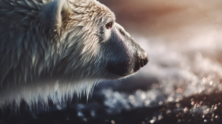 A majestic polar bear stands poised by the water's edge, its thick fur dotted with glistening ice.の素材