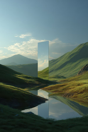 In a peaceful valley, a tall mirror stands among verdant hills, reflecting a tranquil sky and still waters, creating a magical scene.の素材