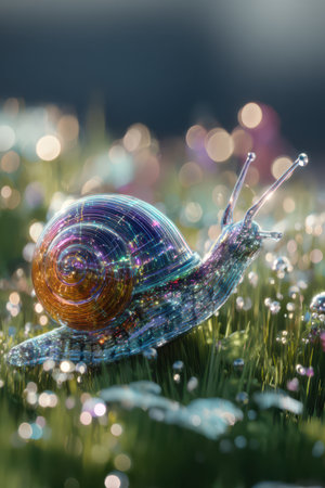A colorful snail moves slowly across grass sprinkled with dew, illuminated by gentle sunlight creating a magical atmosphere.の素材