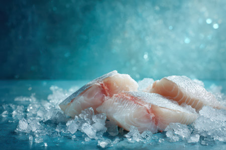 Cool blue tones highlight fresh fish fillets sitting on a bed of ice, creating an enticing scene perfect for seafood lovers.の素材