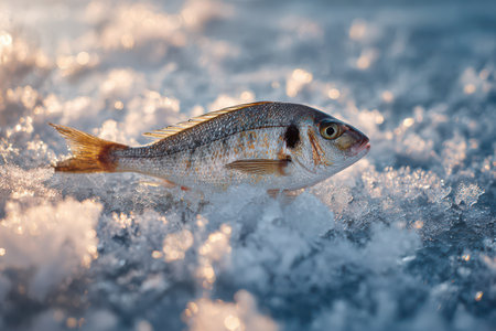 A fresh fish lies on sparkling ice, surrounded by glistening frost, capturing the calm beauty of winter during sunset.の素材
