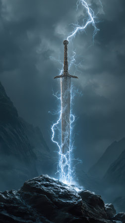 Lightning crackles around a mighty sword embedded in a rocky surface, set against a dark and stormy backdrop of rugged mountains.の素材