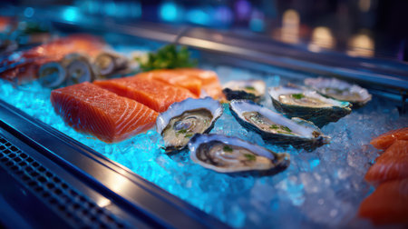 A stunning selection of fresh salmon and oysters arranged on ice, illuminated by colorful lights, enticing diners to enjoy a delicious meal.の素材