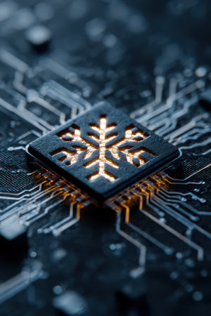 A close view of a circuit board showcasing a glowing snowflake icon, blending winter themes with advanced technology, creating a unique atmosphere.の素材