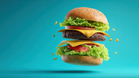 A colorful burger floats in mid-air, showcasing layers of cheese, fresh lettuce, and ripe tomato on a vibrant background.の素材