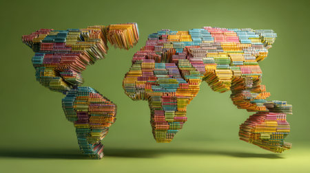A vibrant representation of a world map created from neatly arranged, multicolored books, symbolizing learning and exploration.の素材