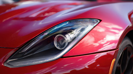 A shiny red sports car gleams, its headlights reflecting intricate details and soft clouds, showcasing automotive precision.の素材