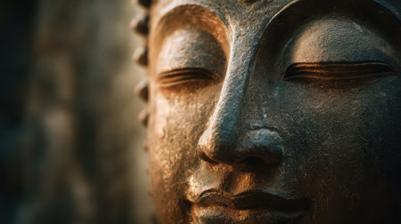 The calm expression of a Buddha statue shines in the gentle glow of sunlight, evoking tranquility and reflection in a serene setting.の素材