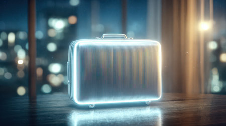 A glowing suitcase sits elegantly on a wooden table, reflecting soft city lights through a window at night.の素材