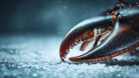 A striking lobster claw rests on a bed of ice, glimmering in the light and revealing intricate details of marine life.の素材