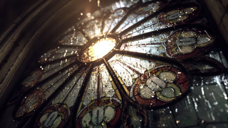 Sunlight streams through the intricate stained glass window, illuminating the details and colors in a serene cathedral ambiance.の素材