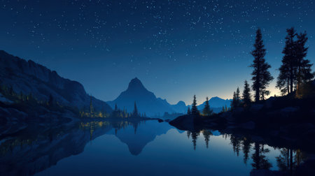 Under a blanket of stars, a calm lake mirrors the silhouette of towering mountains surrounded by tall trees at twilight.の素材