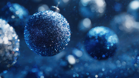 Shimmering blue ornaments float gently, reflecting light and enhancing the holiday spirit during winter celebrations.の素材