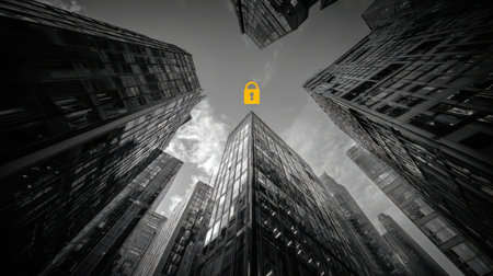 Looking up at towering skyscrapers that touch the clouds, a bright padlock symbol signifies safety amidst urban hustle.の素材