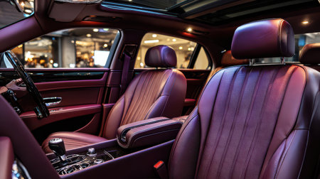 Soft leather seats and high-end features fill this luxury car interior illuminated by ambient lights during an evening event.の素材