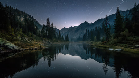 Under a starry sky, a peaceful lake reflects towering mountains and dark pines, creating a calm and magical nighttime scene.の素材