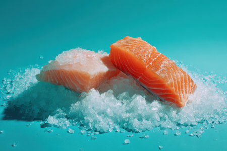 Juicy salmon fillets lie elegantly atop coarse, white sea salt, highlighting their rich color against a bright turquoise background.の素材
