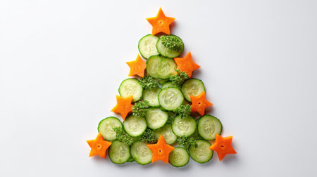 Slices of cucumber and carrot stars form a unique Christmas tree on a white background, celebrating the holiday cheer in a fresh way.の素材