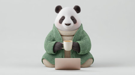 A delightful panda sits peacefully, holding a coffee cup and working on a laptop, dressed in a warm green cardigan.の素材