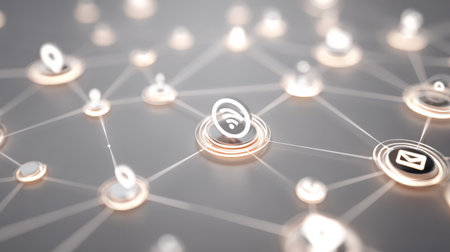 Floating icons connected by luminous lines create a vibrant network of digital interactions, showcasing system automation in a bright setting.の素材