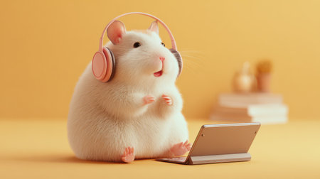 Hamster with headphones sits happily beside a tablet. The soft pastel yellow background creates a calm, joyful vibe as it enjoys the music.の素材