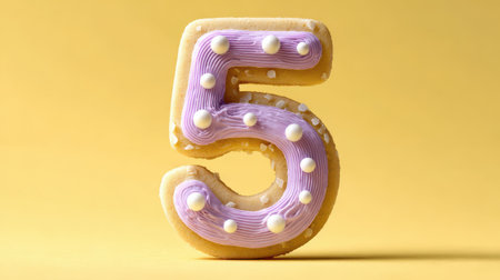 A delightful number 5 cookie showcases lilac frosting and white sugar pearls, set against a soft yellow background.の素材