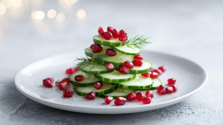 Layers of crisp cucumber slices topped with vibrant pomegranate seeds and fresh dill create an appetizing arrangement on a plate.の素材