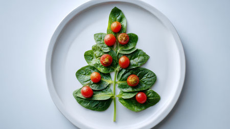 Fresh spinach leaves form a festive tree shape, adorned with bright cherry tomatoes, creating a cheerful holiday display.の素材