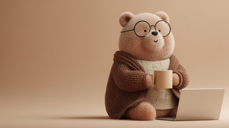 A charming bear in a brown cardigan and glasses sips coffee, focused on a laptop in a soft beige space, radiating warmth and comfort.の素材