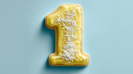 A beautifully decorated cookie shaped like the number one features vibrant yellow frosting and white sprinkles.の素材
