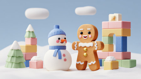 In a charming snowy scene, a small snowman and a gingerbread character happily construct a tower using bright building blocks.の素材