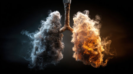 A striking visual contrasts dark smoke and bright flames, symbolizing the battle between well-being and danger.の素材