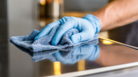 A cleaning service worker uses a microfiber towel to polish a metal stove, ensuring a shiny finish in a neutral kitchen backdrop.の素材