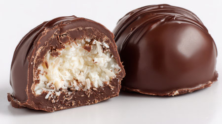 Two round chocolate pralines sit on a bright white background, showcasing one cut in half to reveal creamy coconut filling inside.の素材