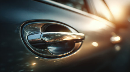 This macro shot captures a modern car door handle, showcasing its sleek design and metallic reflections in warm light.の素材