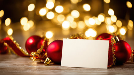 Red Christmas ornaments lie on a wooden surface, surrounded by glittering lights, offering a perfect setting for festive greetings.の素材