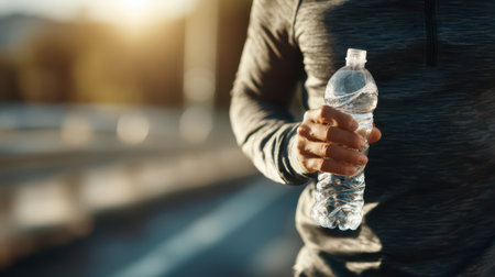 A man runs outdoors, holding a clear water bottle. Motion blur adds energy to the scene under bright daylight, emphasizing fitness and refreshment.の素材