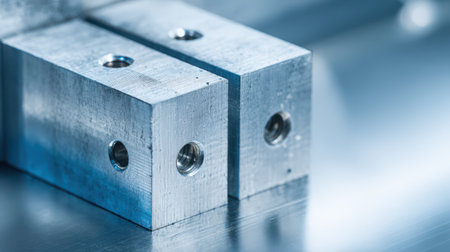 Close-up shows two square frames linked by a metallic bar, showcasing the elegance of precision manufacturing on a soft gradient backdrop.の素材