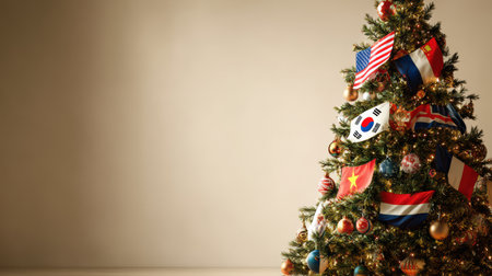 A beautifully decorated Christmas tree showcases flags from different nations, adding a unique cultural touch to the festive spirit.の素材