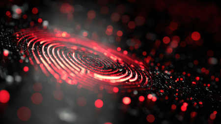 A macro view captures a vibrant digital fingerprint scanner shining with red Christmas reflections. It symbolizes secure AI shopping.の素材