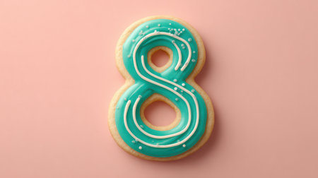 A lovely number 8 cookie with teal frosting and white sugar lines, set against a soft pink gradient background.の素材