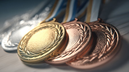 Medals of gold, silver, and bronze rest on a surface, symbolizing achievement and hard work in a recent competition.の素材