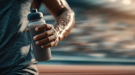 An athletic arm reaches forward, holding a bottle filled with fluid. The hand glistens with sweat, showcasing energy in a sunlit setting.の素材