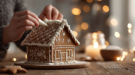 Hands carefully decorate a gingerbread house with frosting, surrounded by twinkling lights and festive decorations.の素材