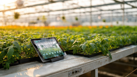Bright morning light fills a clean greenhouse where sensors monitor plants. A tablet on a bench showcases sustainable farming practices.の素材