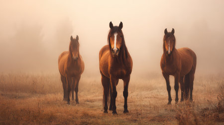 Three stunning horses emerge from morning fog, their silhouettes captivating in the serene, misty atmosphere of a tranquil field.の素材