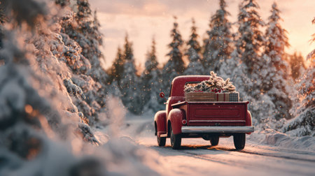 A rustic red truck drives past snow-covered pines, its bed filled with holiday gifts as gentle snow falls under warm sunset light.の素材